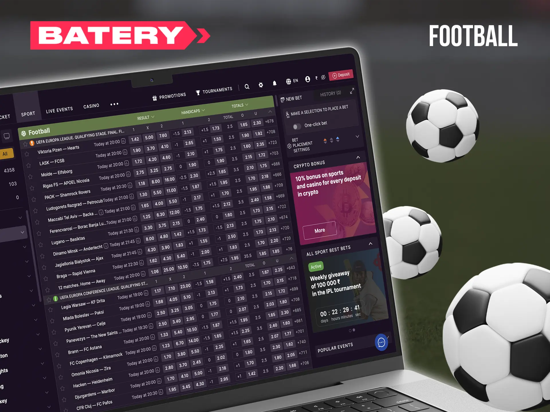 Watch the best football teams play and earn money with betting at Batery.