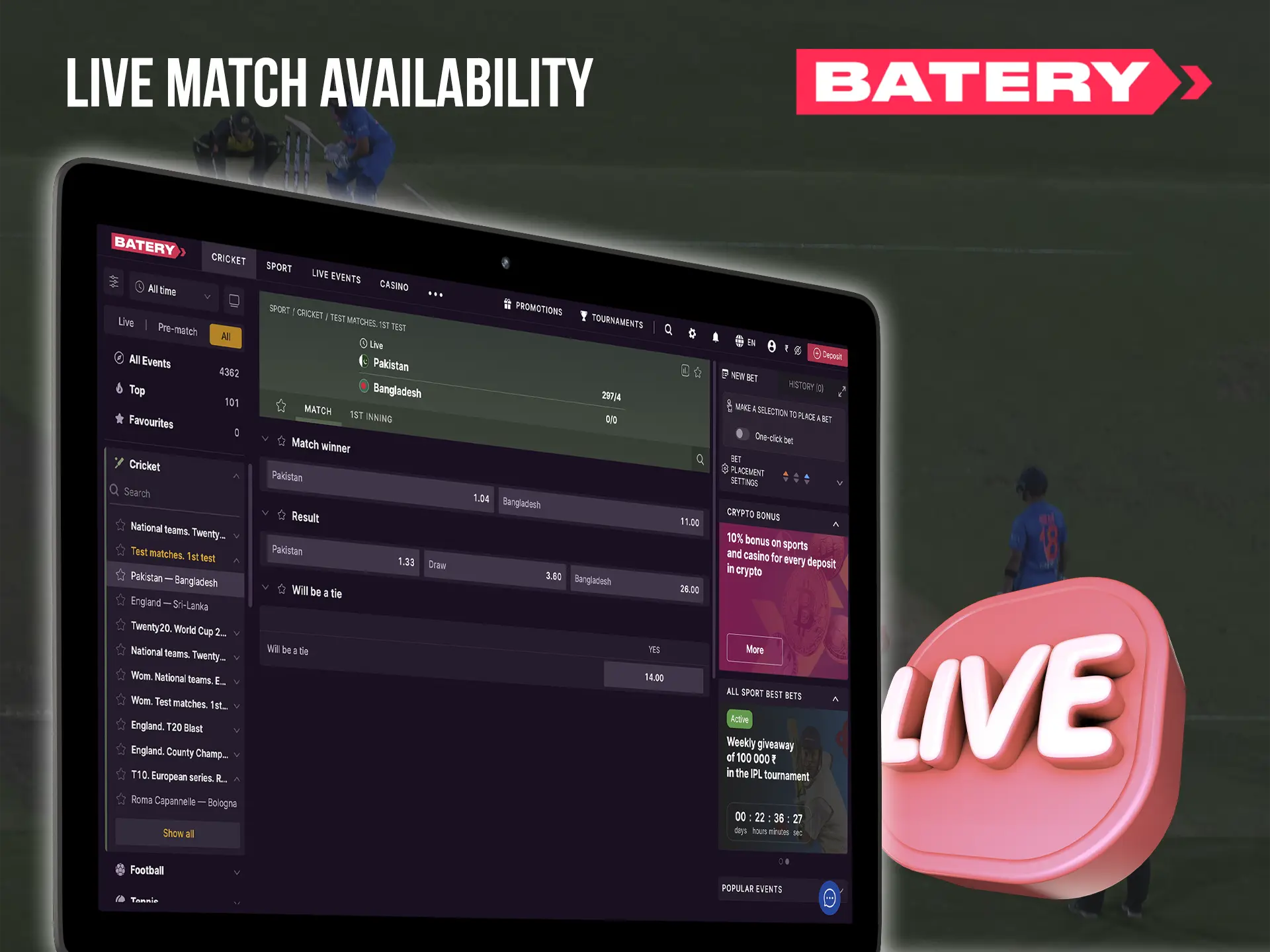 Enjoy the game of your favourite team thanks to live streaming and win money betting at Batery.
