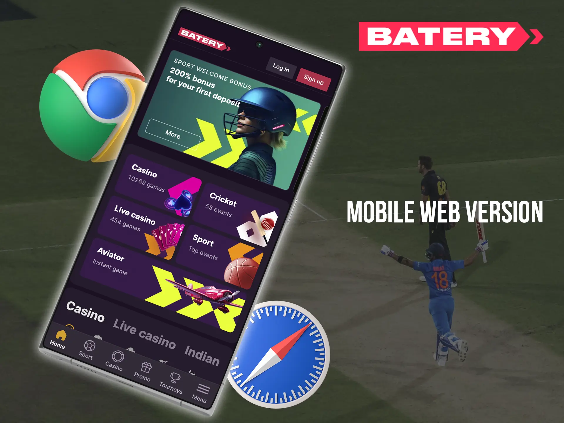 Batery's mobile site adapts perfectly and works stably even on weak devices.