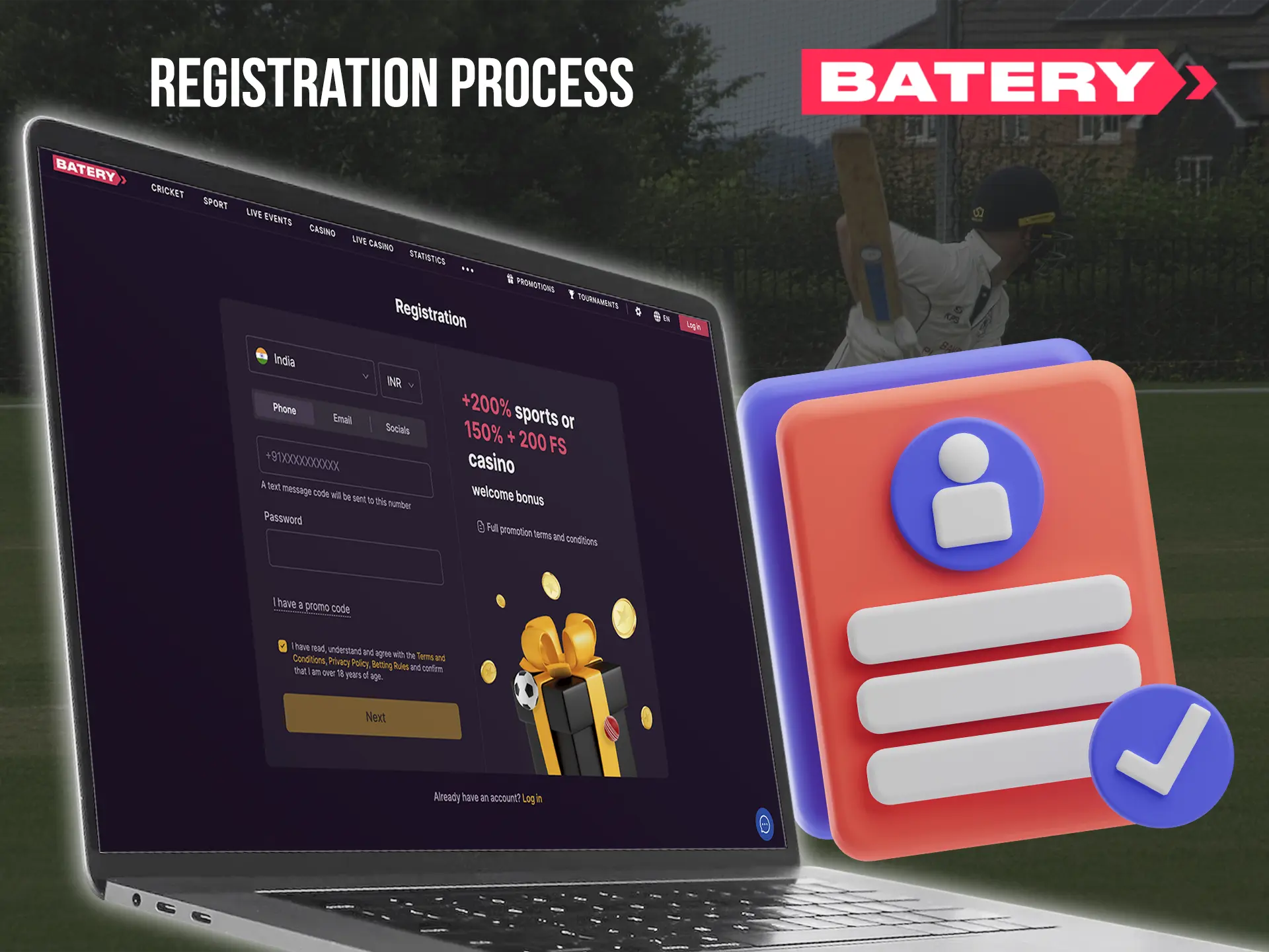 Complete your registration to try your hand at betting and the best slots from Batery Casino.