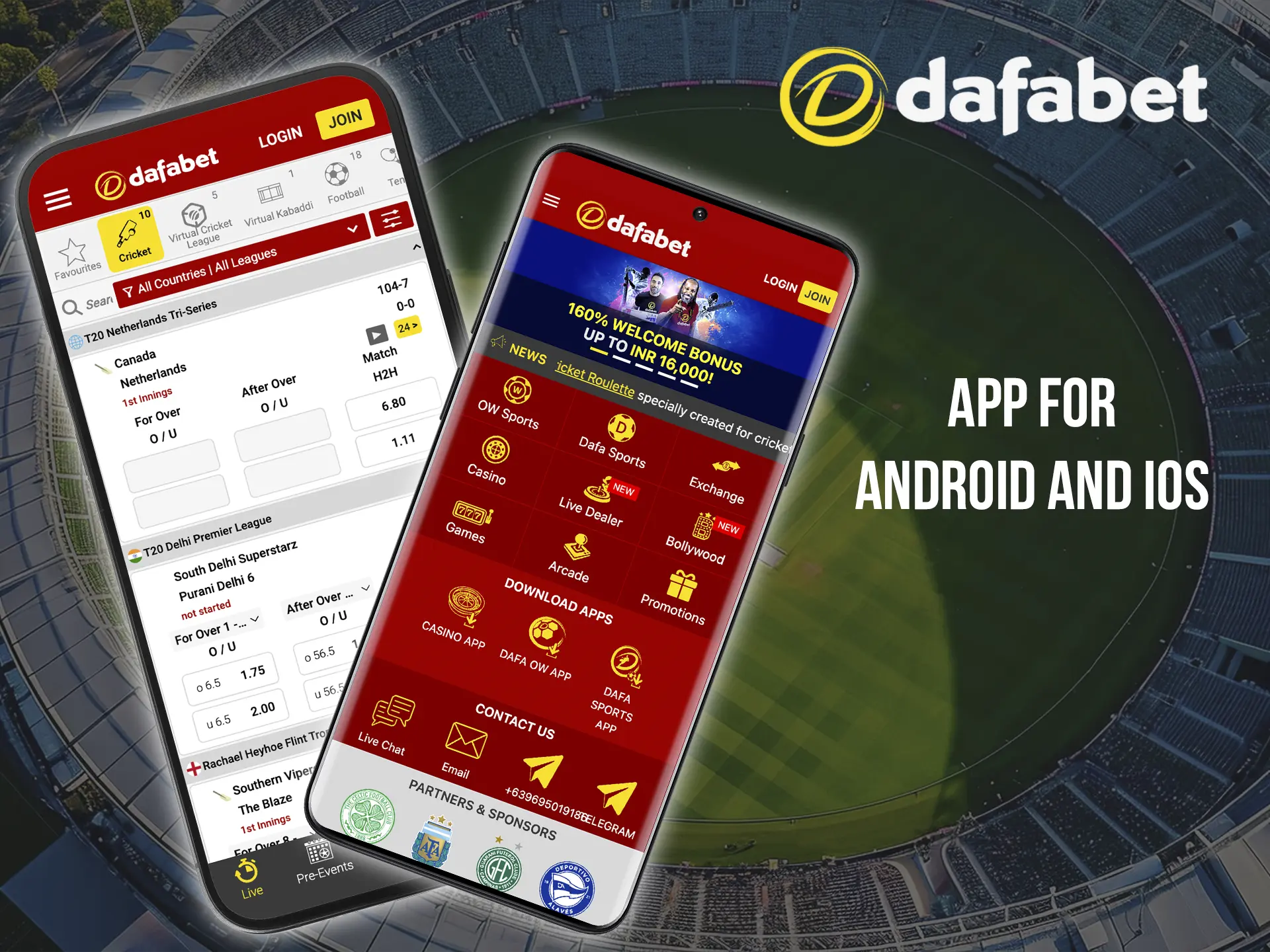 Download the Dafabet app to keep up to date with upcoming matches and bet from wherever you are.
