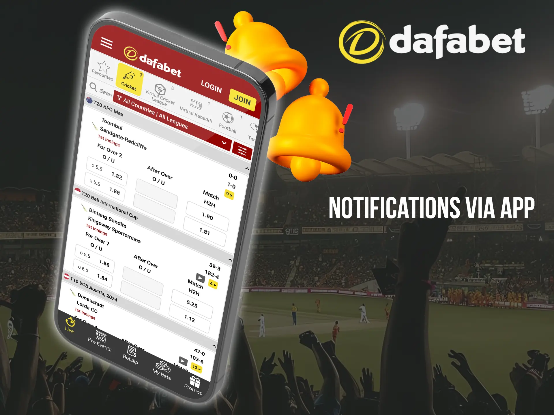 Turn on Dafabet alerts to keep up to date with your favourite team's performance.