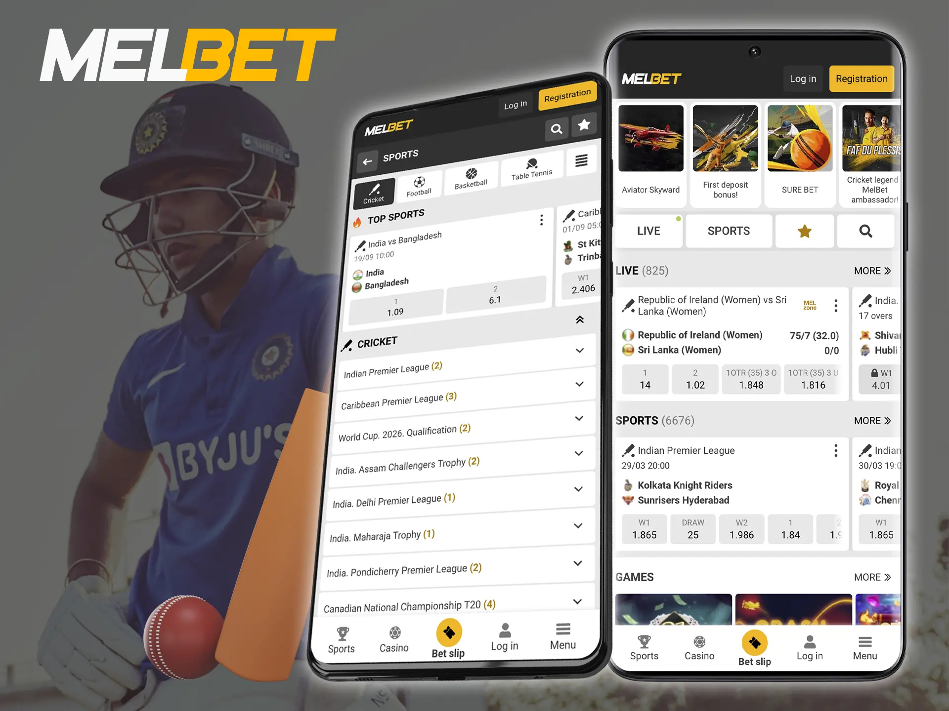 Use the Melbet app where all bonuses and promotions for cricket betting are available.