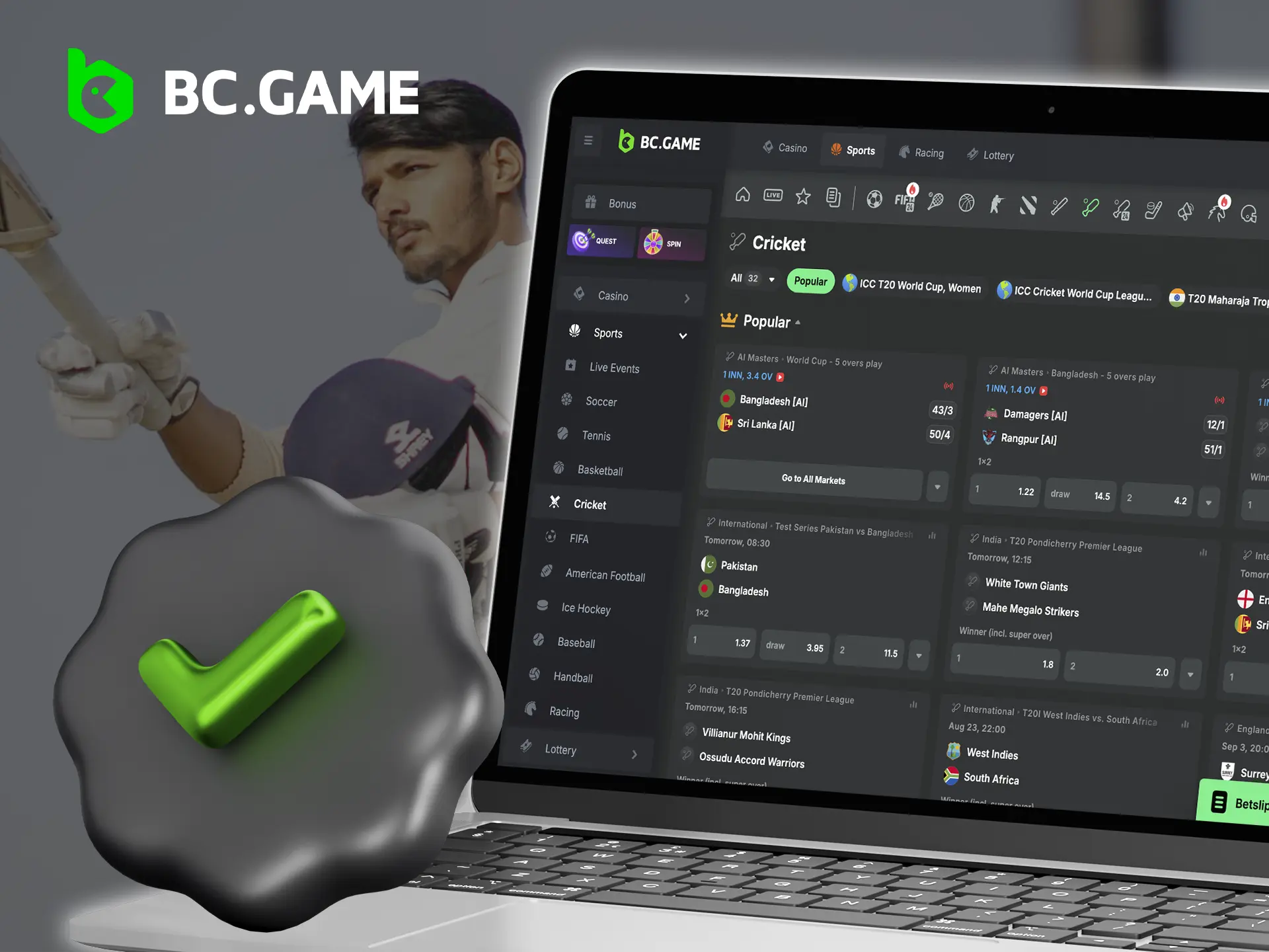 BC Game's unique cryptocurrency casino will delight you with great odds and a variety of cricket bets.