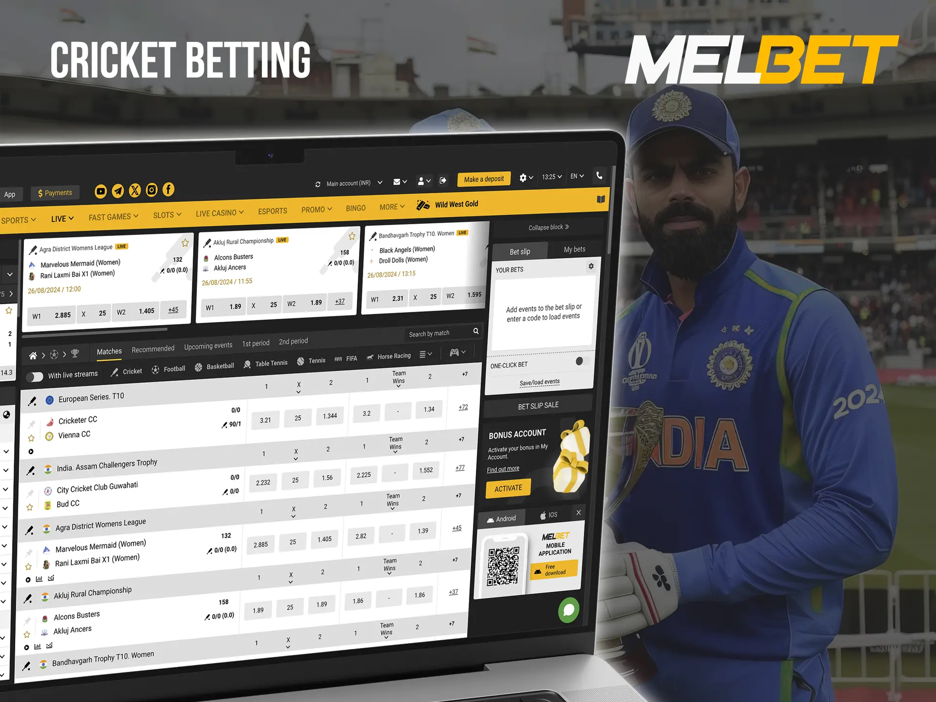 Follow the grandest cricket tournaments and place your bets at Melbet.
