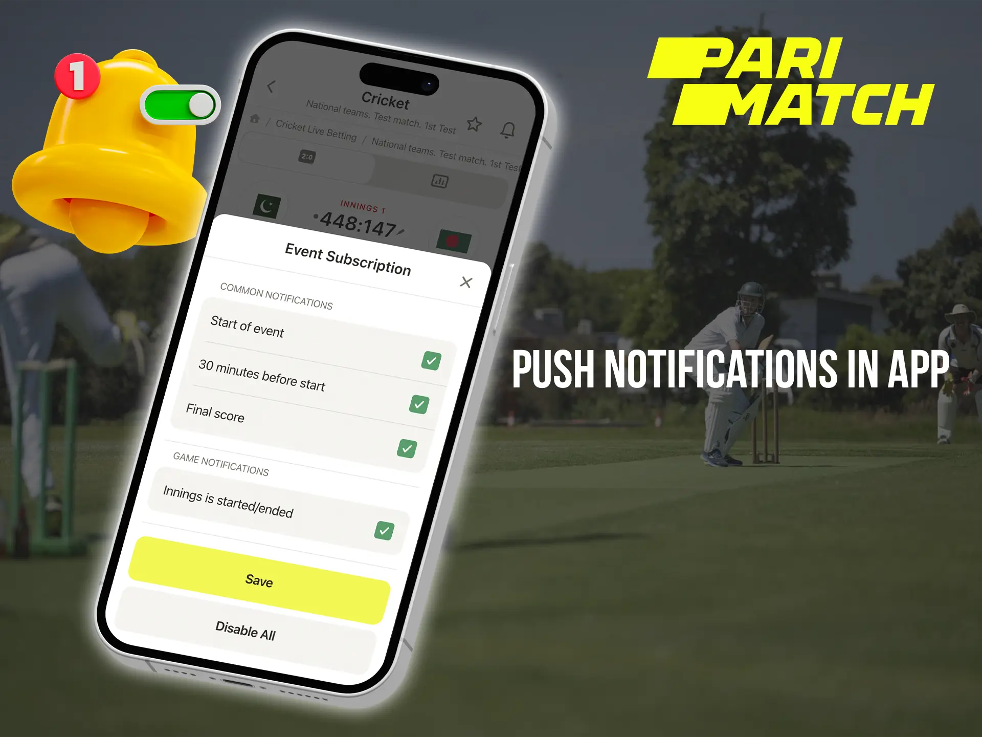 The Parimatch app will always notify you if your favourite team scores a goal or wins a match.