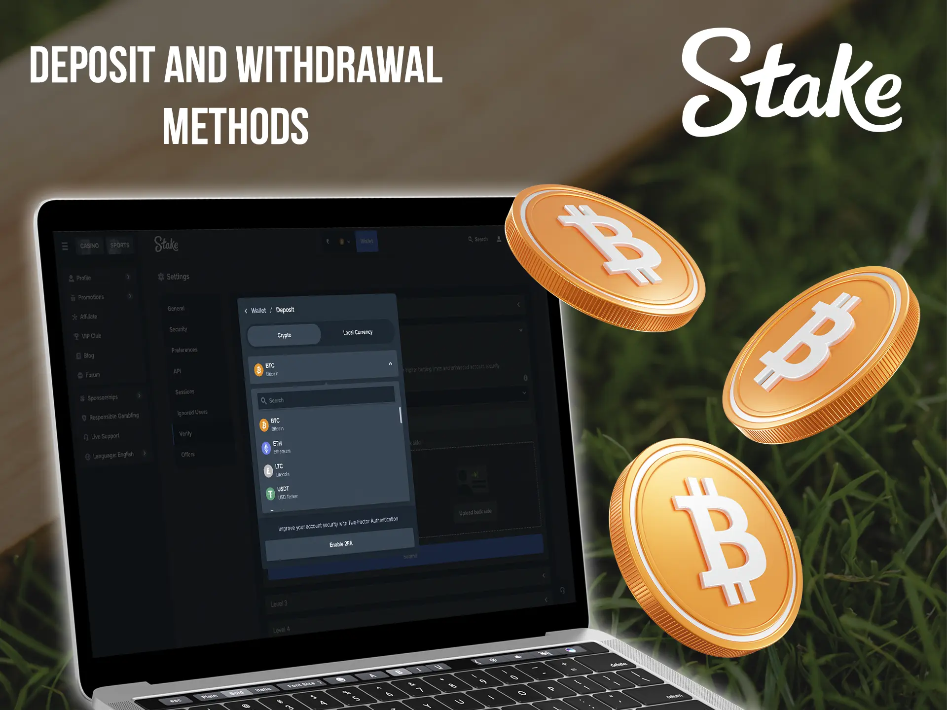 Explore the available deposit methods at Stake Casino and make your first deposit in just a couple of clicks.