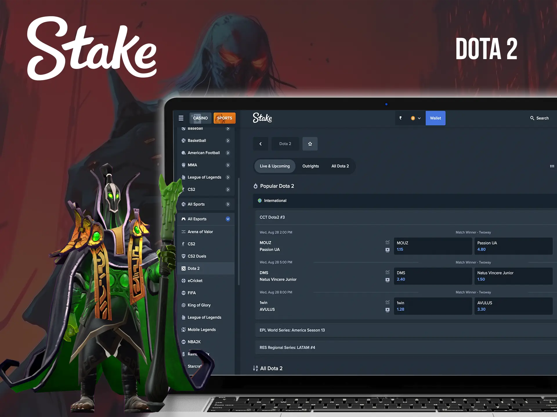 Follow the choice of heroes in the popular game Dota 2 and make the right decisions when betting at Stake Casino.