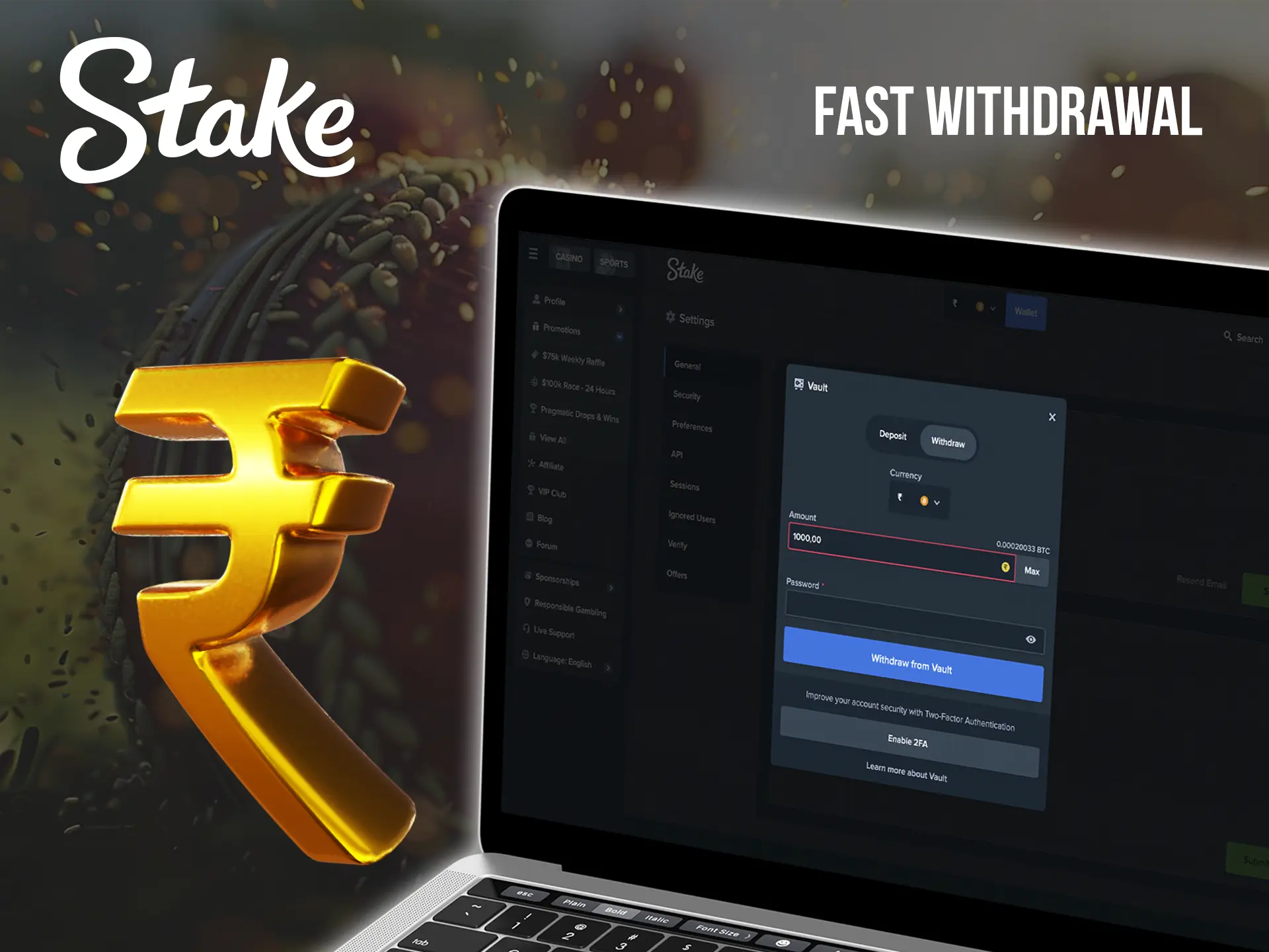 Stake gives you the ability to withdraw funds instantly in a convenient and favourable currency.