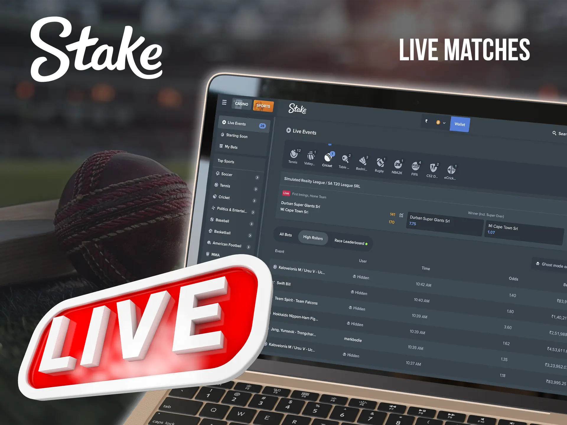 Enjoy live sports matches at Stake Casino in high definition and excellent quality.