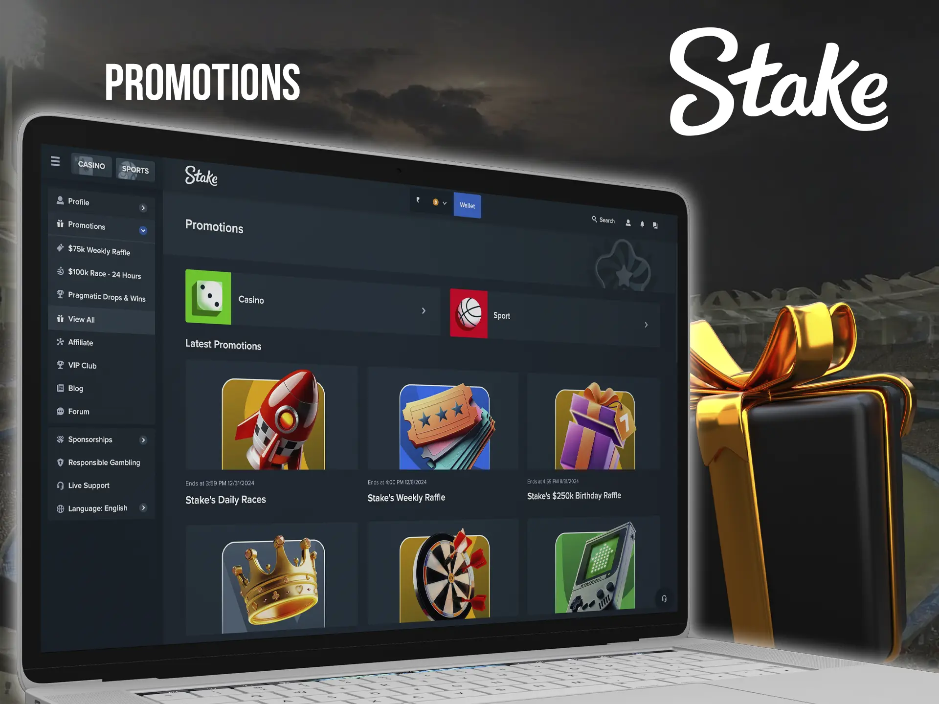 By being active in bets and slots from Stake you automatically get a great opportunity to win cash and valuable prizes.