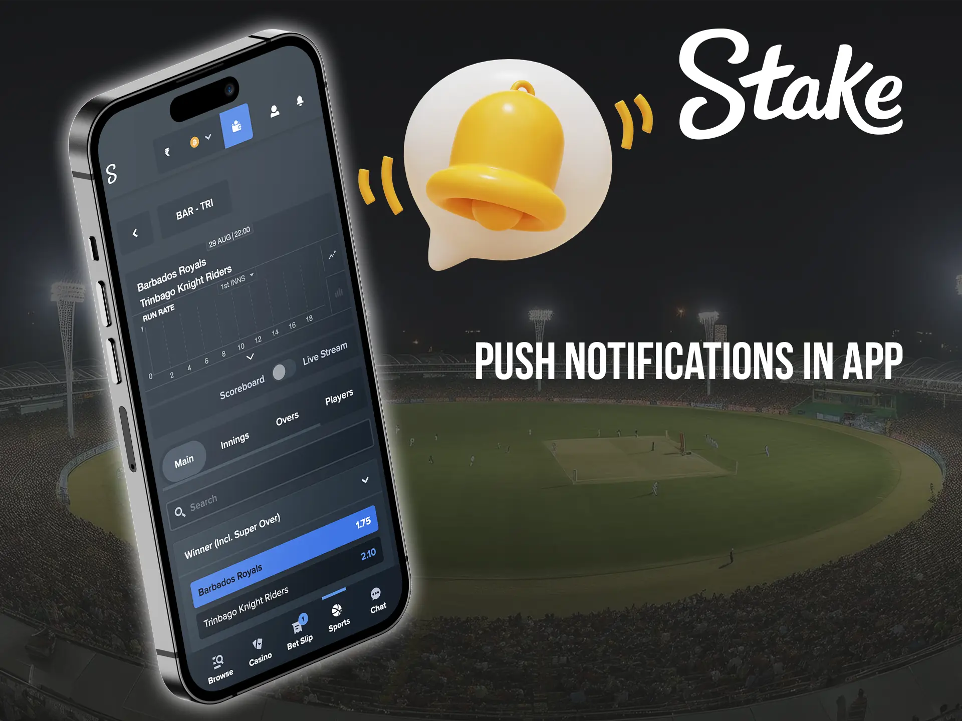 Turn on notifications from Stake Casino when your team is successful.
