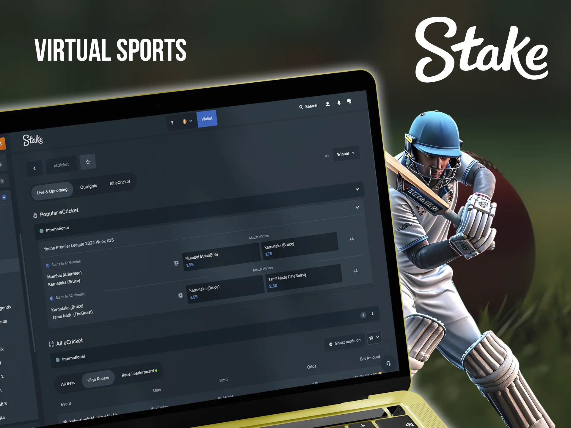 While waiting for a real match you have a great opportunity to bet on virtual events presented at Stake Casino.