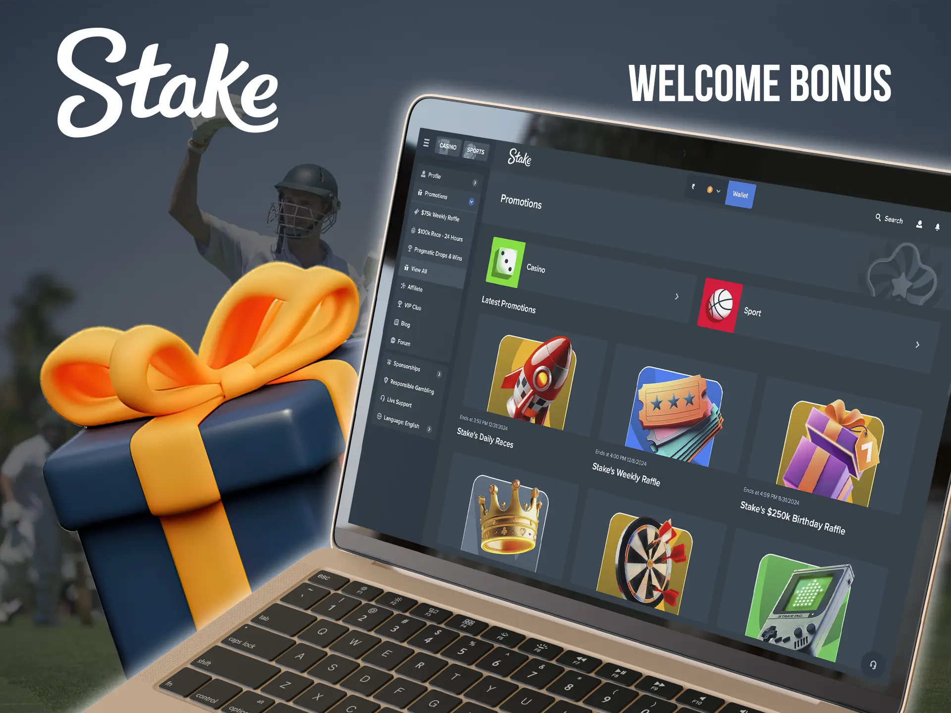 Explore the available bonuses and promotions from Stake Casino.